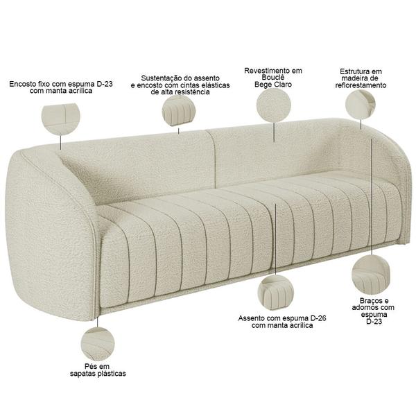 Imagem de Kit Sofá 4 Lugares Para Sala 252cm com 02 Poltronas Lazio M03 Bouclê Bege Claro - Lyam Decor