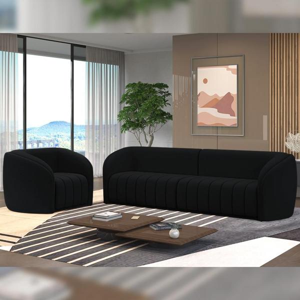 Imagem de Kit Sofá 4 Lugares Para Sala 252cm com 02 Poltronas Lazio M03 Veludo Preto - Lyam Decor