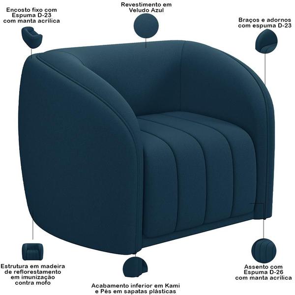 Imagem de Kit Sofá 4 Lugares Para Sala 292cm com 01 Poltrona Lazio M03 Veludo Azul - Lyam Decor