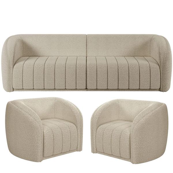 Imagem de Kit Sofá 4 Lugares Para Sala 292cm com 02 Poltronas Lazio M03 Bouclê Bege - Lyam Decor