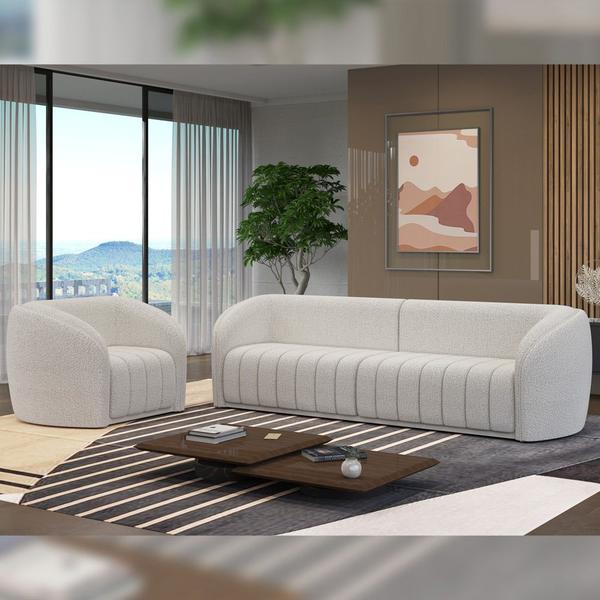 Imagem de Kit Sofá 4 Lugares Para Sala 292cm com 02 Poltronas Lazio M03 Bouclê Branco - Lyam Decor