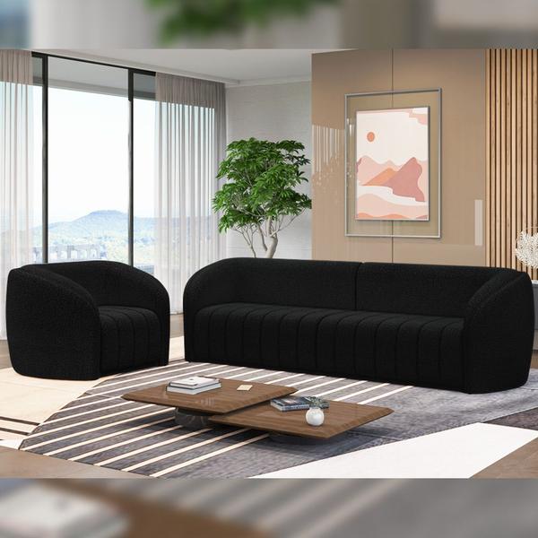 Imagem de Kit Sofá 4 Lugares Para Sala 292cm com 02 Poltronas Lazio M03 Bouclê Preto - Lyam Decor