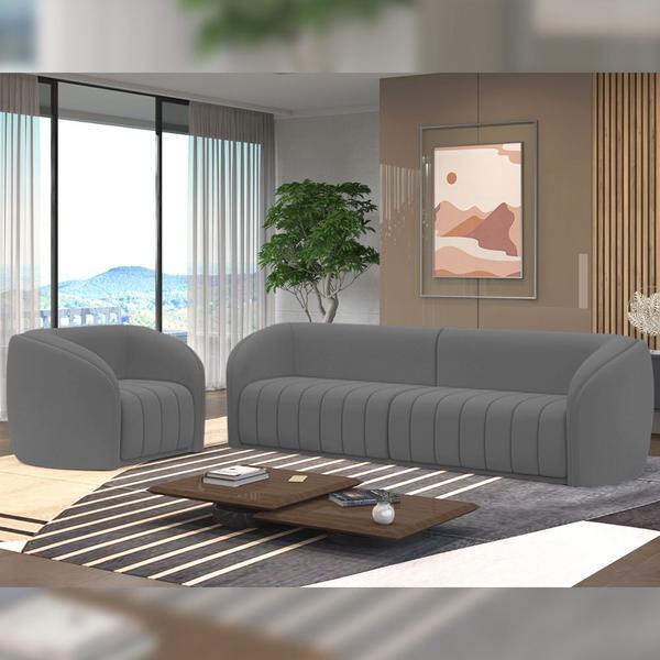 Imagem de Kit Sofá 4 Lugares Para Sala 292cm com 02 Poltronas Lazio M03 Veludo Cinza - Lyam Decor