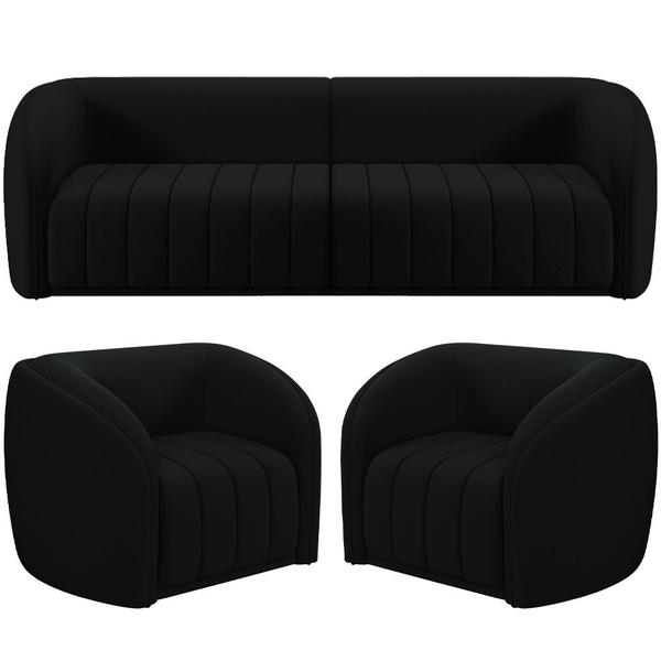 Imagem de Kit Sofá 4 Lugares Para Sala 292cm com 02 Poltronas Lazio M03 Veludo Preto - Lyam Decor