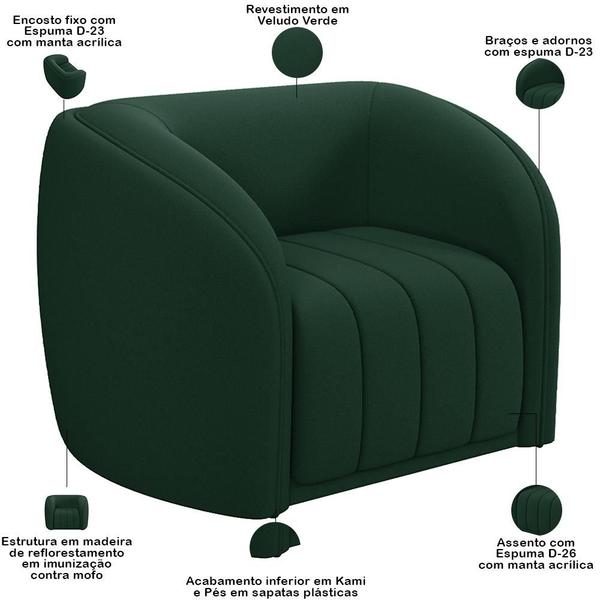 Imagem de Kit Sofá 4 Lugares Para Sala 292cm com 02 Poltronas Lazio M03 Veludo Verde - Lyam Decor