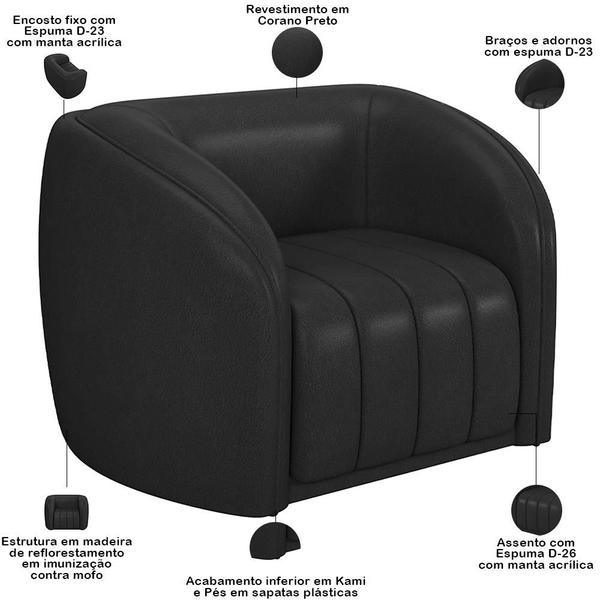 Imagem de Kit Sofá 5 Lugares Para Sala 332cm com 01 Poltrona Lazio M03 Corano Preto - Lyam Decor