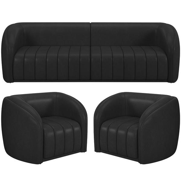 Imagem de Kit Sofá 5 Lugares Para Sala 332cm com 02 Poltrona Lazio M03 Corano Preto - Lyam Decor