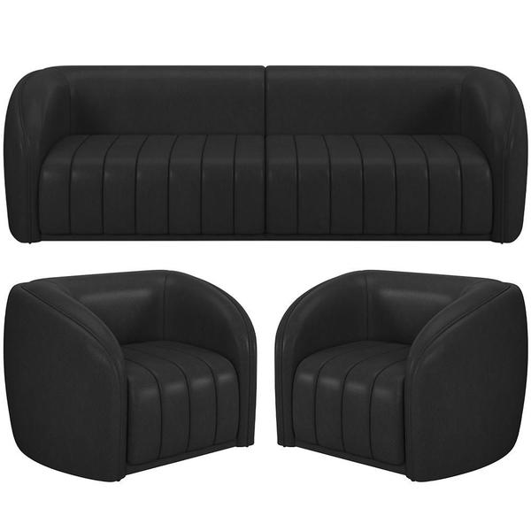 Imagem de Kit Sofá 5 Lugares Para Sala 332cm com 02 Poltrona Lazio M03 Corano Preto - Lyam Decor