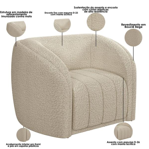 Imagem de Kit Sofá 5 Lugares Para Sala 332cm com 02 Poltronas Lazio M03 Bouclê Bege - Lyam Decor