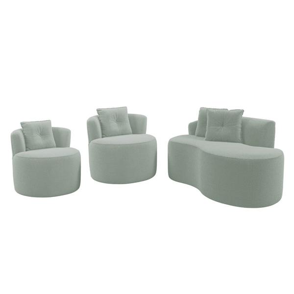 Imagem de Kit Sofá e 02 Poltronas Orgânicas Living Bob com Almofadas Bouclê Verde Menta - Desk Design