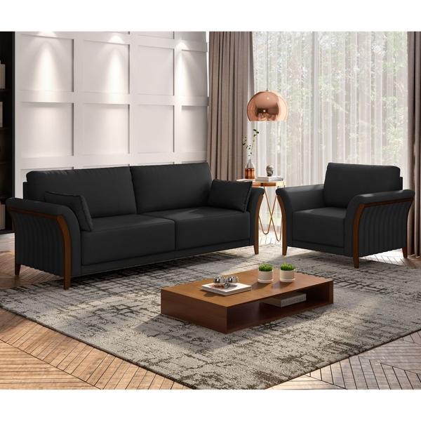 Imagem de Kit Sofá Living 3 Lugares e Poltrona 102cm Pés Madeira Roya M22 PU Preto - Mpozenato