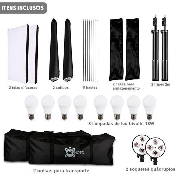 Imagem de Kit Softbox Quádruplo com 8 Lâmpadas de LED Bivolt, Tripés 2M  e Bolsa T-Photo