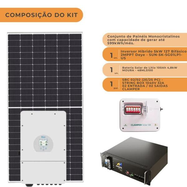 Imagem de Kit Solar Híbrido 599kW/mês Deye 5kW 127V com Bateria Lítio Moura 100Ah