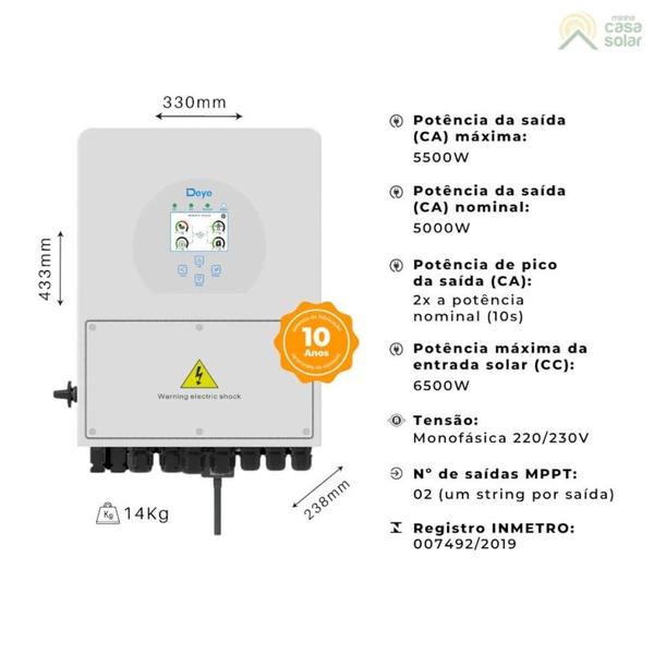 Imagem de Kit Solar Híbrido 599kW/mês Deye 5kW 220V com Bateria Lítio Moura 100Ah