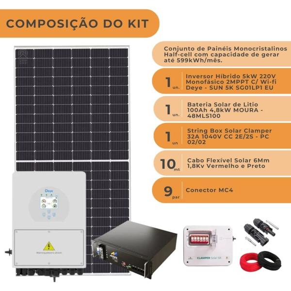 Imagem de Kit Solar Híbrido 599kW/mês Deye 5kW 220V com Bateria Lítio Moura 100Ah