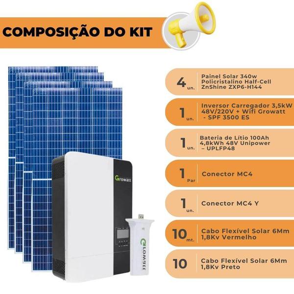 Imagem de Kit Solar Rural 200kWh/mês Inversor Growatt 3,5kW 48V/220V e Bateria Lítio