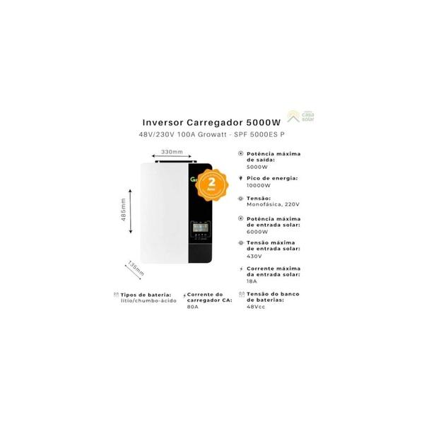 Imagem de Kit Solar Rural 9.600W/dia com Inversor Carregador 5kW Growatt 48V/230V