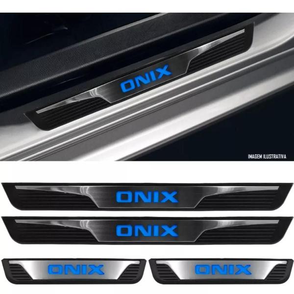 Imagem de Kit Soleira 4 Portas Aço Inox Led Azul Chevrolet Onix 2013 2014 2015 2016 2017 2018 2019