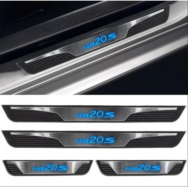 Imagem de Kit Soleira 4 Portas Aço Inox Led Azul Hyundai HB20s 2012 2013 2014 2015 2016 2017 2018 2019 2020 2021