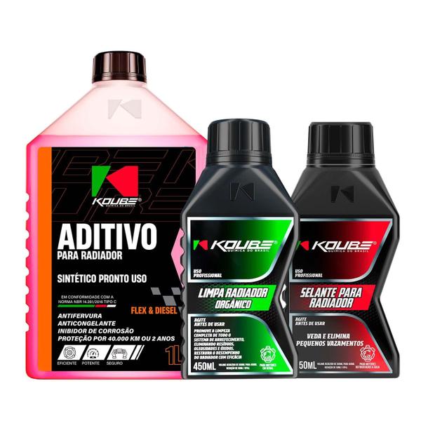 Imagem de Kit Soluções para Radiador - Limpa Radiador + Selante para Radiador + Aditivo Sintético Pronto Rosa KOUBE