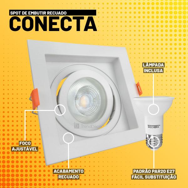 Imagem de Kit Spot Embutir Taschibra Conecta Quadrado Recuado Branco Par20 + Lâmpada LED Taschibra Dicróica PAR20 7W