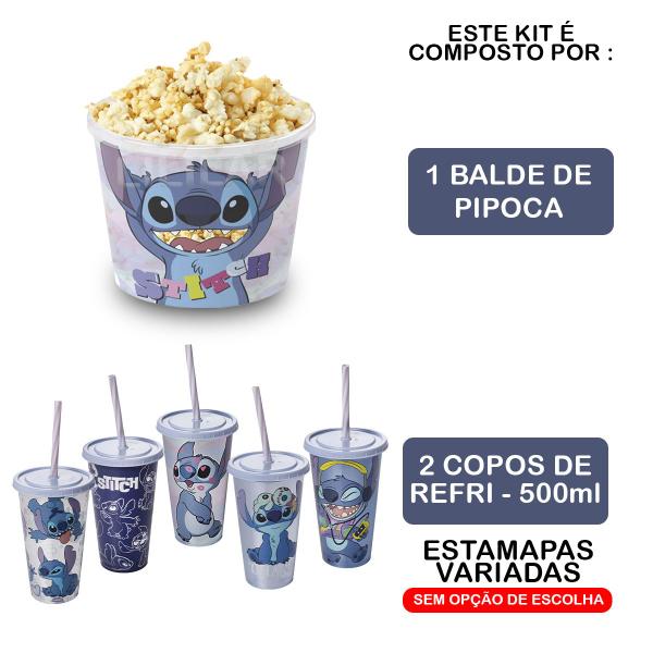 Imagem de Kit Stitch Balde de Pipoca e 2 Copos Refri Festa Tampa Canudo