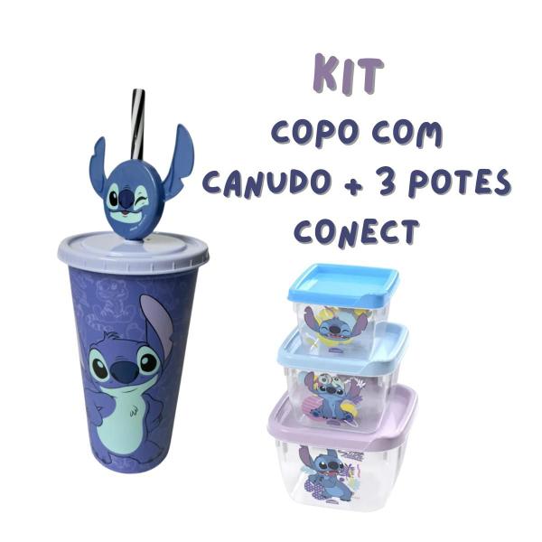 Imagem de Kit Stitch Copo com Canudo + 3 Potes Conect Infantil Escolar Plasutil