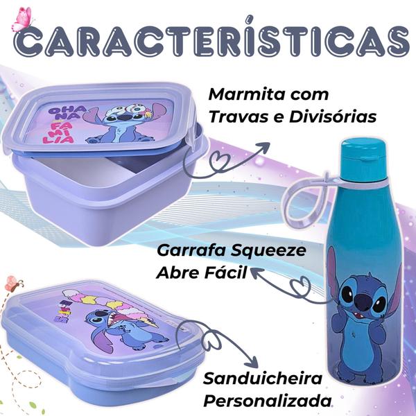 Imagem de Kit Stitick Lilo 3 peças Disney Marmita Sanduicheira Garrafa squeeze Abre fácil Personagens