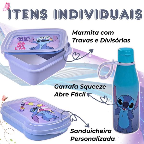 Imagem de Kit Stitick Lilo 3 peças Disney Marmita Sanduicheira Garrafa squeeze Abre fácil Personagens