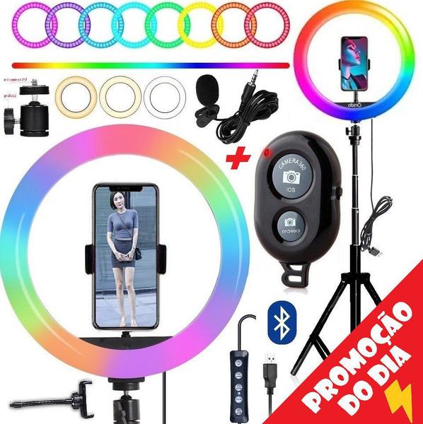 Imagem de Kit Studio Anel Iluminador Ring Light Colorido Luz Led Rgb 26cm Tripé 2,10m Suporte Celular + Microfone Gravação Vídeo