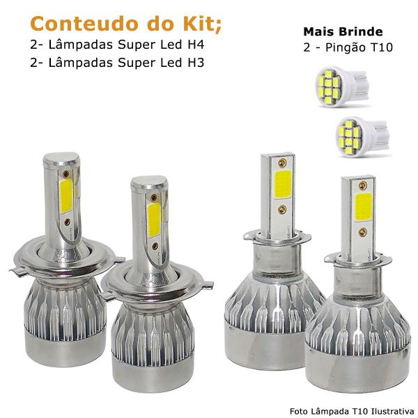 Imagem de Kit Super Led Kadett 1985 86 87 88 89 90 91 92 93 94 95 96 Farol Alto e Baixo H4 + Milha H3 20000 Lumens