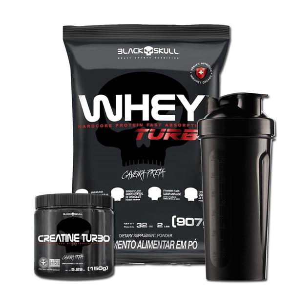 Kit Suplemento Combo Whey Turbo 907g + Creatina 150g + Coqueteleira - Black Skull Imagem de Kit Suplemento Combo Whey Turbo 907g + Creatina 150g + Coqueteleira - Black Skull