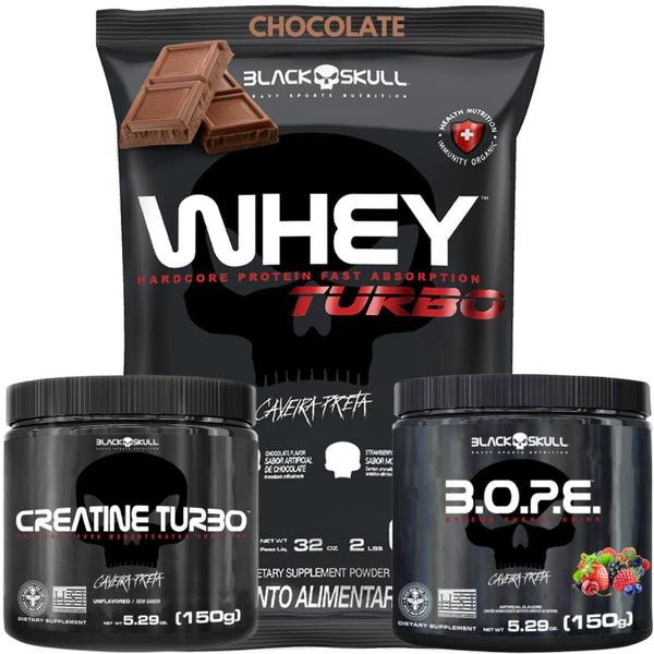 Imagem de Kit Suplemento Combo Whey Turbo 907g + Creatina 150g + Pre Treino B.O.P.E 150g Bope - Black Skull