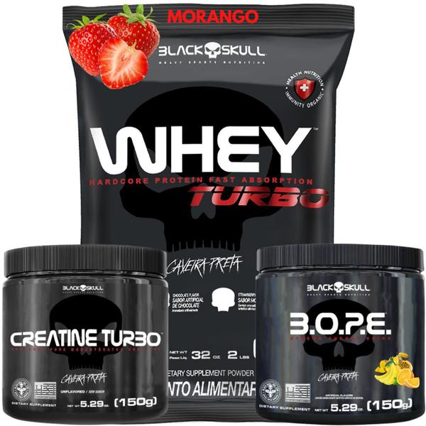 Imagem de Kit Suplemento Combo Whey Turbo 907g + Creatina 150g + Pre Treino B.O.P.E 150g Bope - Black Skull