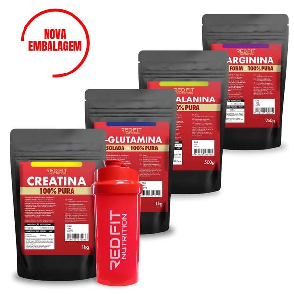 Imagem de Kit Suplemento em Pó 100% Puro Importado C/ Laudo Red Fit Nutrition Kit Creatina 1Kg L-Glutamina 1Kg L-Arginina 250g Beta-Alanina 500g