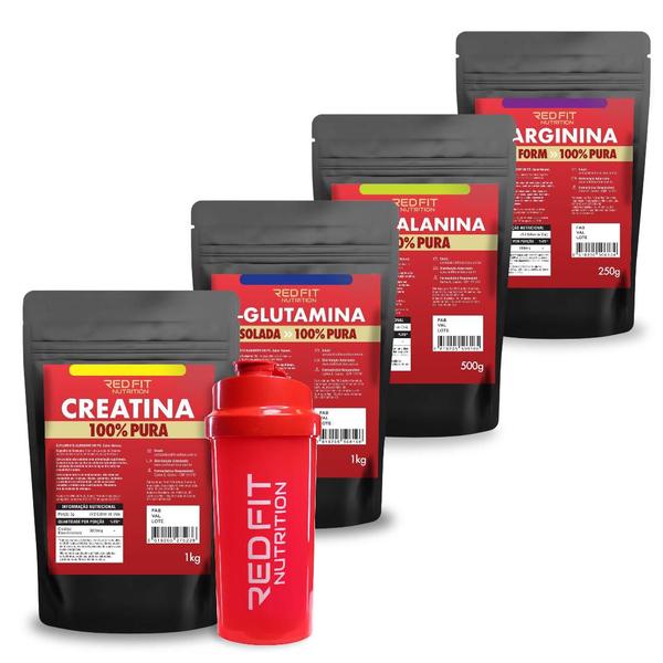 Imagem de Kit Suplemento em Pó 100% Puro Importado C/ Laudo Red Fit Nutrition Kit Creatina 1Kg L-Glutamina 1Kg L-Arginina 250g Beta-Alanina 500g