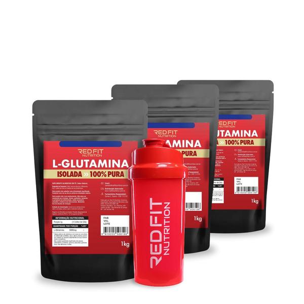 Imagem de Kit Suplemento em Pó Red Fit Nutrition 100% Importado C/ Laudo Kit L-Glutamina 1Kg ( 3 Unidades )