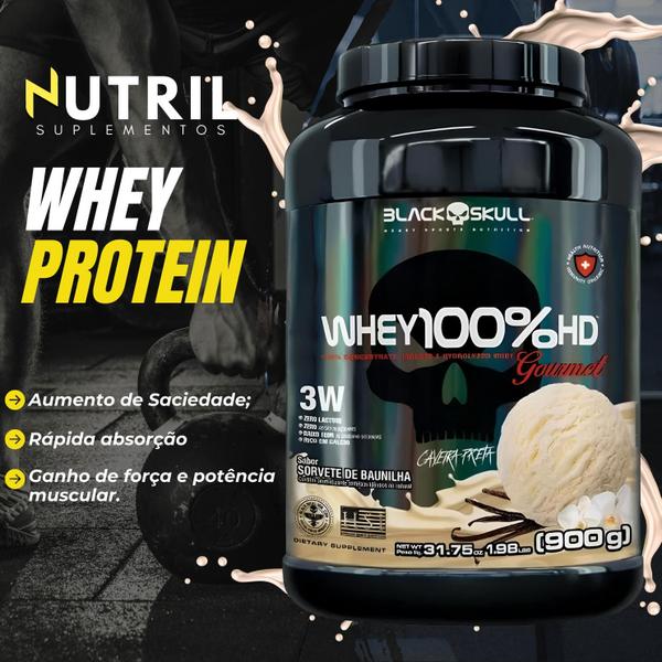 Imagem de Kit Suplemento Whey 100% HD POTE Gourmet 900g + Creatina Turbo 300g + Termogênico Thermo Flame + Bcaa 2400 + Coqueteleira Shaker - Black Skull