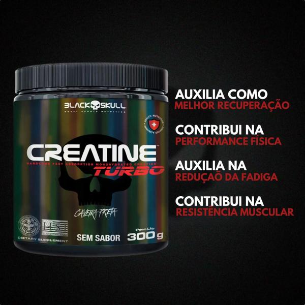 Imagem de Kit Suplemento Whey 100% HD POTE Gourmet 900g + Creatina Turbo 300g + Termogênico Thermo Flame + Bcaa 2400 + Coqueteleira Shaker - Black Skull