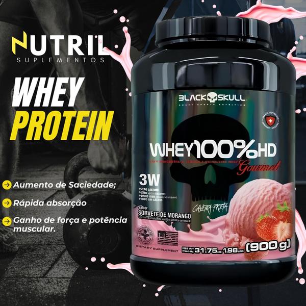 Imagem de Kit Suplemento Whey 100% HD POTE Gourmet 900g + Creatina Turbo 300g + Termogênico Thermo Flame + Bcaa 2400 + Coqueteleira Shaker - Black Skull