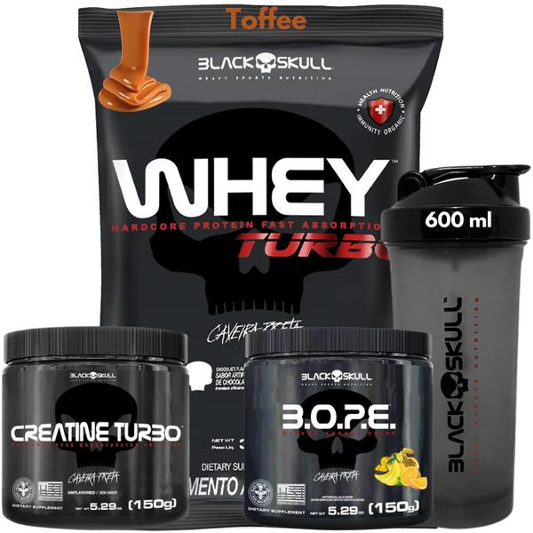 Imagem de Kit Suplementos Black Skull ( Creatina 150g + Whey turbo 907g + Pré treino 150g + Coqueteleira ) 