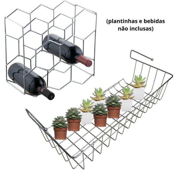 Imagem de Kit Suporte Adega Colmeia Aco Cromado + Cesto Organizador Aco Cromado 48cm Estante