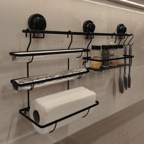 Kit Suporte Barra Cozinha Preta 70cm 3 Ganchos Ventosa Porta Rolos Temperos Condimentos - Schmitt Imagem de Kit Suporte Barra Cozinha Preta 70cm 3 Ganchos Ventosa Porta Rolos Temperos Condimentos