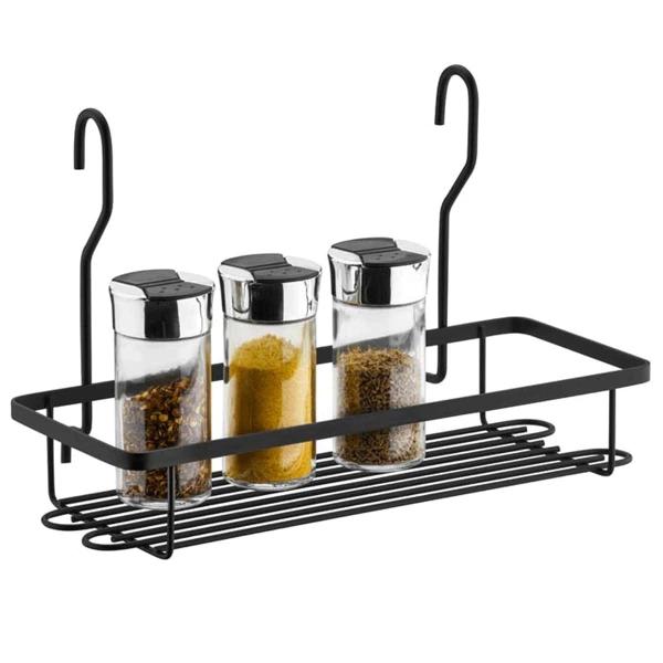 Kit Suporte Barra Cozinha Preta 70cm 3 Ganchos Ventosa Porta Rolos Temperos Condimentos - Schmitt Imagem de Kit Suporte Barra Cozinha Preta 70cm 3 Ganchos Ventosa Porta Rolos Temperos Condimentos