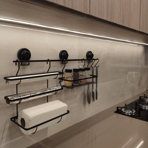 Kit Suporte Barra Cozinha Preta 70cm 3 Ganchos Ventosa Porta Rolos Temperos Condimentos - Schmitt Imagem de Kit Suporte Barra Cozinha Preta 70cm 3 Ganchos Ventosa Porta Rolos Temperos Condimentos