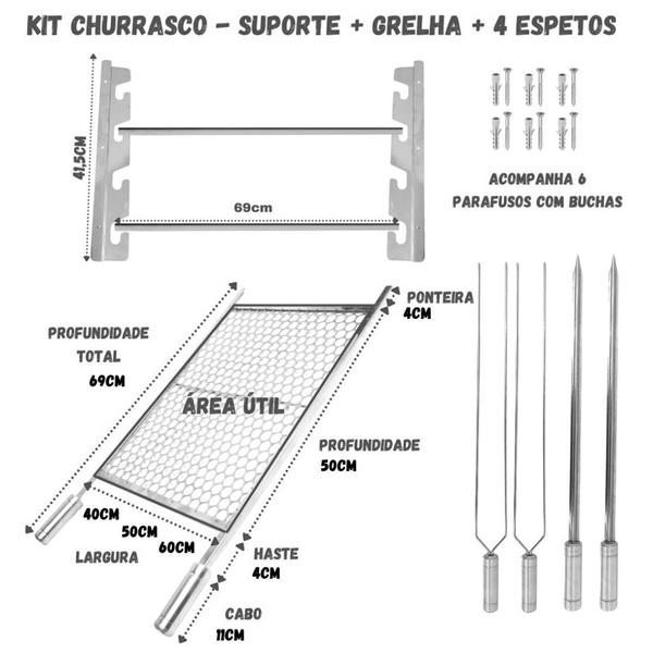 Imagem de Kit Suporte Churrasqueira + Grelha Inox 70x40cm + 4 Espetos