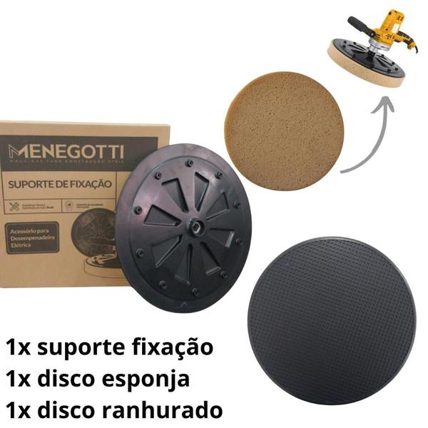 Imagem de Kit suporte de fixação, esponja e disco ranhurado para desempenadeira Menegotti