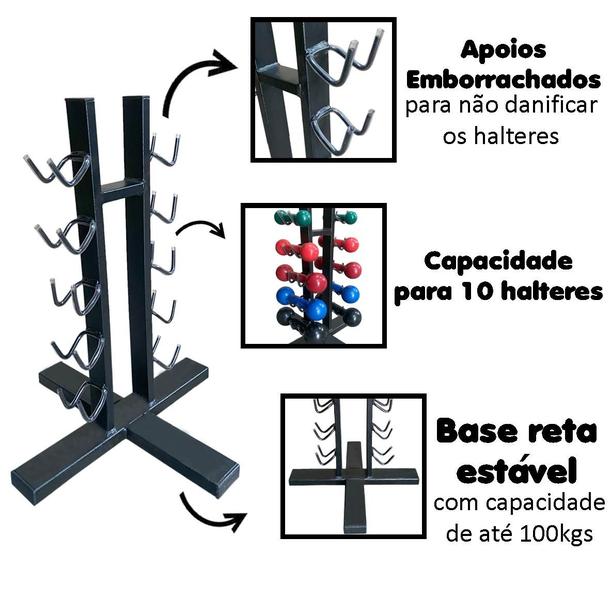 Imagem de Kit Suporte Expositor 10 Halteres Com Par de Pesos Emborrachados 1 ao 5kgs