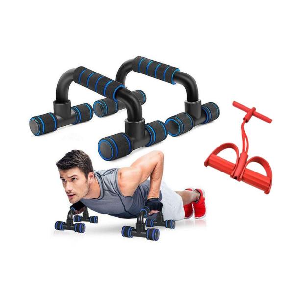 Imagem de kit Suporte fixo barra de apoio para flexão e elástico extensor treino prancha tríceps ombro pernas