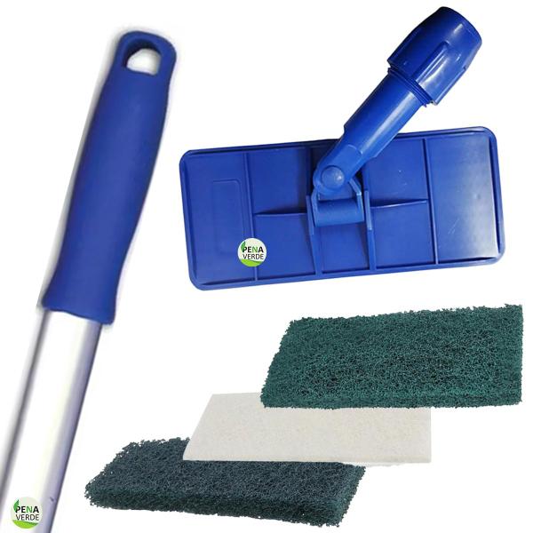 Imagem de Kit Suporte Limpa Tudo + Cabo 1.4 M + Fibras 1 Verde Multiuso + 1  Verde Pesada  + 1 Macia Branca